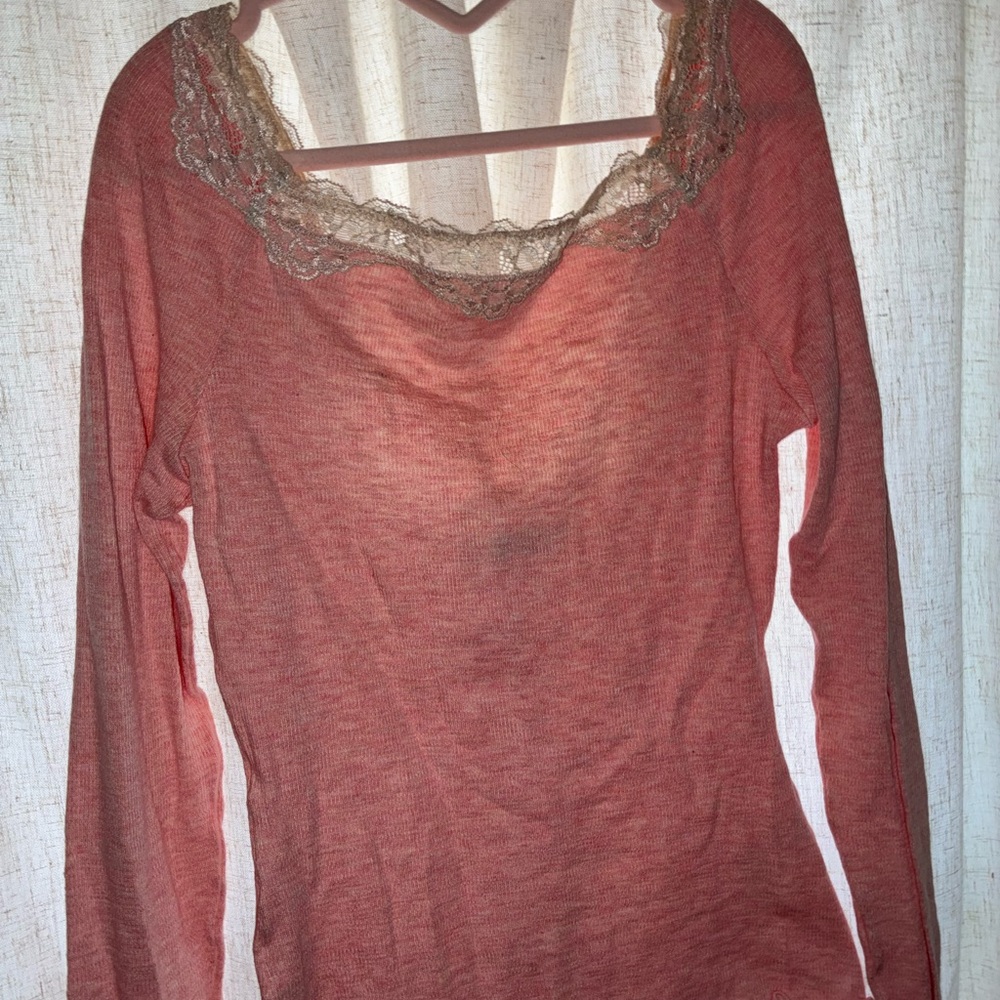 Free People Coral Long Sleeve Lace Trim Top